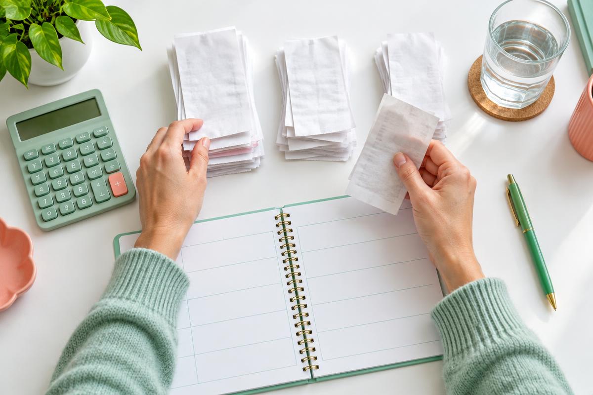 A notebook and calculator laid out for listing debts