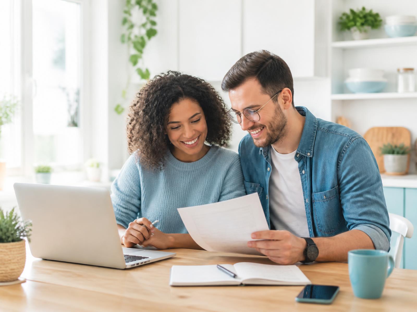 A couple sitting at a bright kitchen table, smiling while organising their household finances together on a laptop.